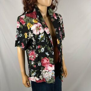 Vintage Women Black Pink Floral Short Sleeve Open Cardigan Top Size 14 Petite 14